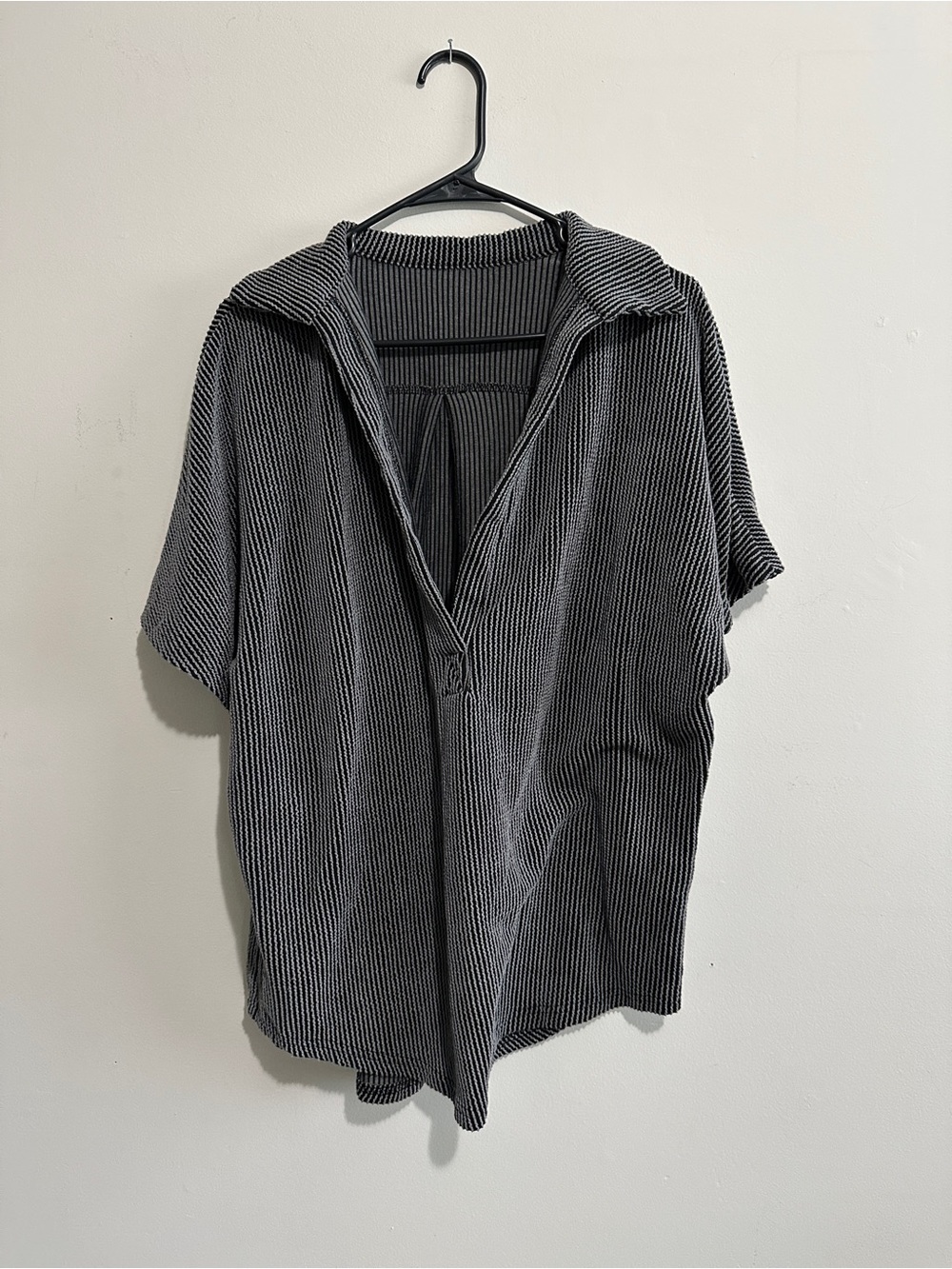 Oversized Knit Collared Top- Black/Grey Striped